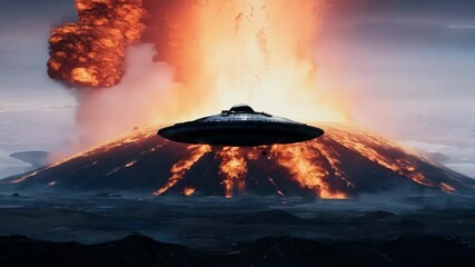 Poster - Ufo glides above a volcanic eruption, spewing lava and smoke. The scene blends danger and beauty, with the alien spacecraft hovering amidst nature's destructive power