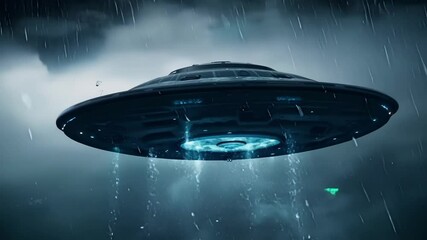Aufkleber - Metallic alien spaceship hovers in a stormy night sky, surrounded by heavy rain, evoking mystery and intrigue with swirling dark clouds above
