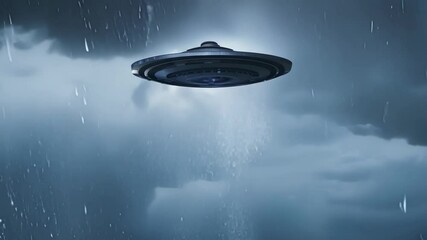 Poster - Large, ominous spaceship is hovering over an empty road during a rainstorm. The sky is dark and cloudy, creating a mysterious and eerie atmosphere