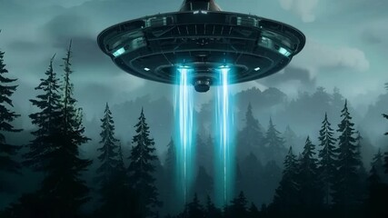 Aufkleber - Large alien spaceship hovers over a dark forest at night, surrounded by fog, creating an eerie atmosphere