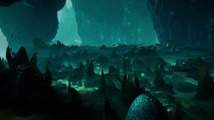 Poster - Glowing green light emanating from strange rock formations in a vast cave on an unexplored planet creates a mysterious atmosphere