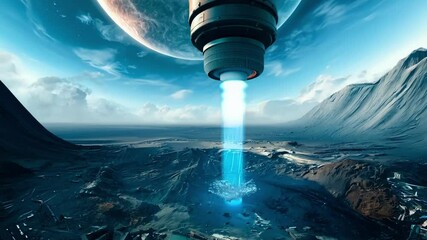 Poster - Spaceship is hovering over a desolate planet surface, extracting energy with a powerful beam. The scene evokes themes of space exploration, futuristic technology, and the search for resources