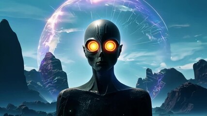 Poster - Alien with glowing eyes is observing through a force field in a mountainous landscape, showcasing the mysteries of the universe and the potential for extraterrestrial life