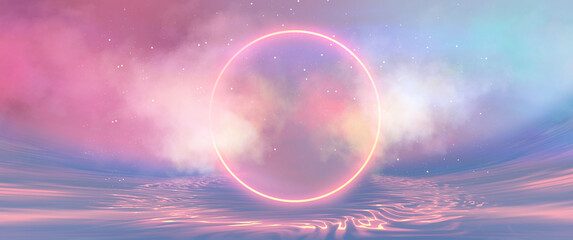 Futuristic fantasy seascape, neon waves, smoke, clouds, neon circle on the podium.