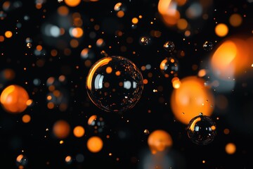 Floating orange and black bubbles on a dark background in a futuristic digital art concept.