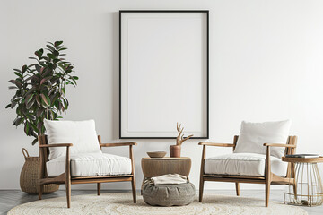 A white room with two chairs and a potted plant.,