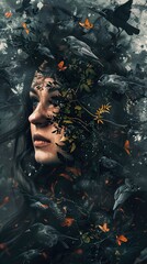 Poster - Woman Transformed by Nature: A Surreal Portrait with Crows