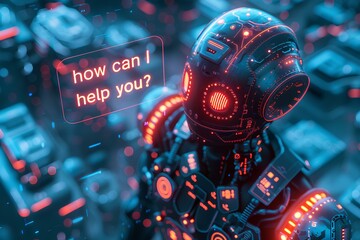 Futuristic ai robot helper with text displayed 