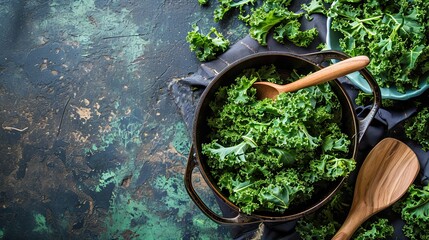 Fresh kale in cooking pot with wooden spoon on rustic background,