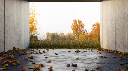 Wall Mural - Empty wooden floor and wall with panoramic view of autumn yellowed forest. Autumn mood and bright sun rays.