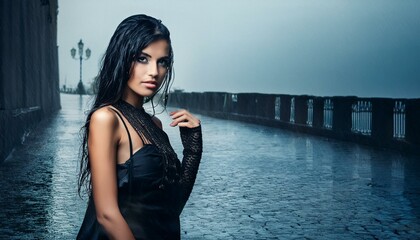 Wall Mural - beautiful young goth woman in the rain, ai generated