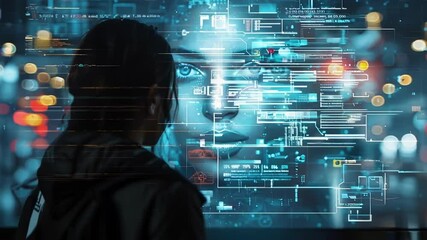 Poster - woman is observing a finance animation with facial recognition software in an urban setting. the ima