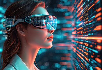 Wall Mural - AI cybersecurity threat illustration, female specialist analyzing information technology data, artificial intelligence collage augmented reality,	