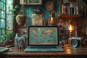 Poster - a vintage postcard displayed on a modern laptop screen, evoking memories of past travels in today's 