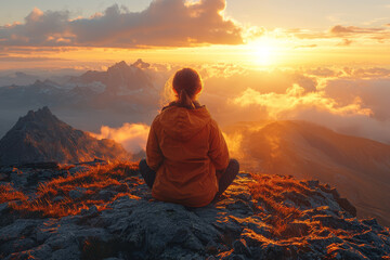 Poster - a person sitting on a mountaintop at sunrise, gazing out at the world with a sense of limitless poss