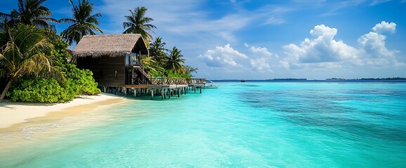 Wall Mural - Tropical beach bungalow with palm trees and clear turquoise water.