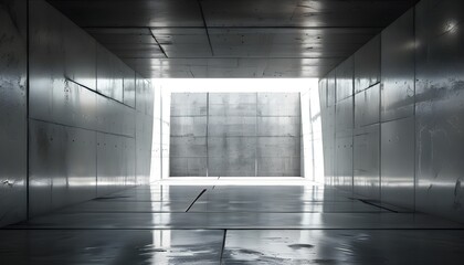 Modern architectural space with elegant reflections and abstract grunge textures in a dark underground concrete room