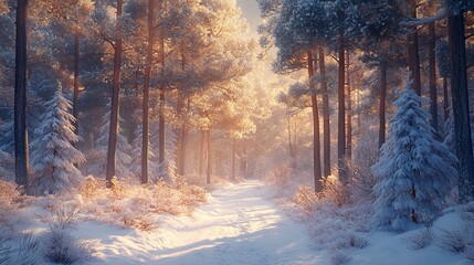 Wall Mural - Strolling down a forest path lined with tall, snow-covered pines, with sunlight filtering through the branches. 4K hyperrealistic photo.