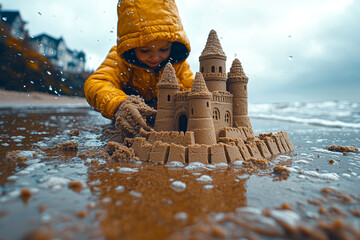 Poster - A person building a sandcastle on the beach, fully absorbed in the task. Concept of imaginative play and creative expression.