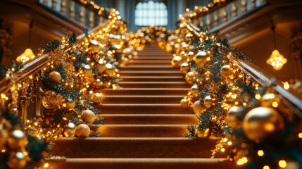 Wall Mural - Golden Christmas garland draped across a grand staircase, with each loop adorned with shimmering gold ornaments and lights. 4K hyperrealistic photo.