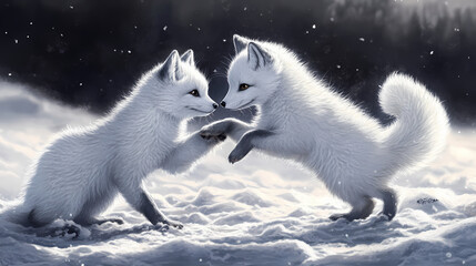 playful arctic foxes. tundra. illustration
