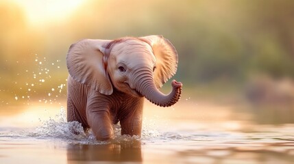 Wall Mural - A baby elephant walking through water with a tree in the background, AI