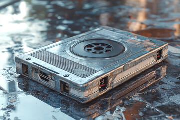 Poster - A cassette tape with a playlist on a smartphone screen, representing the shift in how we listen to music. Concept of musical nostalgia in the digital age.