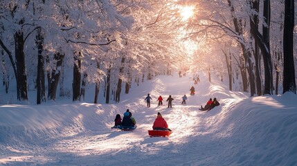 Wall Mural - Sledding down a snowy hill, with children and adults enjoying the winter activity, surrounded by snow-covered trees. 4K hyperrealistic photo.