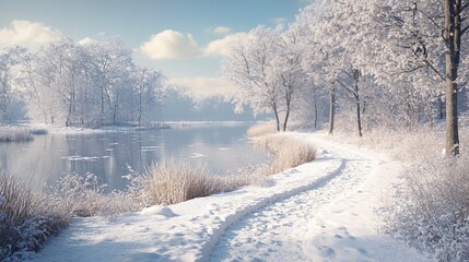 Wall Mural - Snow-covered trail leading to a quiet pond, with frosty trees and a serene winter landscape. 4K hyperrealistic photo.