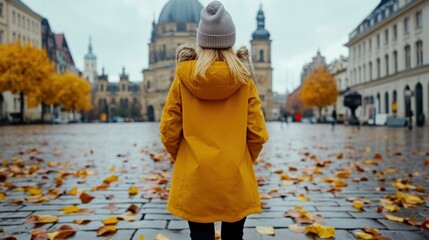 Canvas Print - A woman in a yellow coat standing on the street, AI