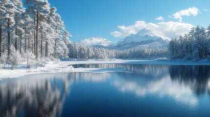 Frozen lake reflecting the clear blue sky, surrounded by snow-dusted trees and distant mountains, capturing the stillness of a winter day. 4K hyperrealistic photo.