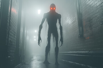 Poster - A terrifying, shadowy entity with elongated limbs and glowing red eyes, emerging from a dense, eerie fog. Concept of shadow creatures and mysterious environments.