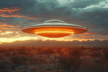 Poster - a sleek, metallic disc-shaped object hovering silently above a remote desert at dusk. concept of ext
