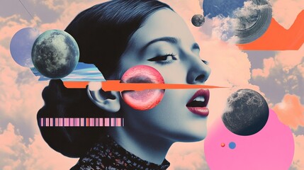 Wall Mural - Creative trend collage of female head talking mouth speech news announce communication weird freak bizarre unusual fantasy