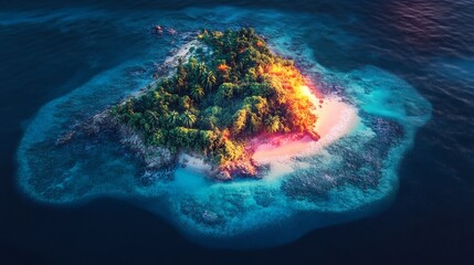 Wall Mural - Heatmap of a tropical island, with warm colors highlighting the most populated beaches and cooler tones in the more secluded areas. 4K hyperrealistic photo.