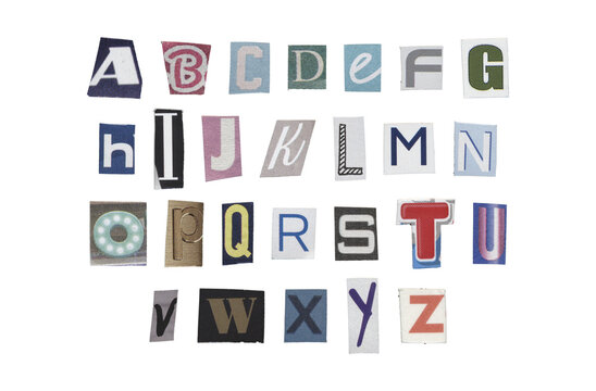 Set of cut-out English alphabet from magazines on a transparent background, retro y2k style