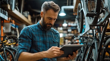 Small business owner using digital tablet in a cycle store