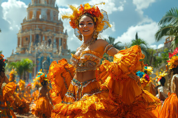 Wall Mural - A lively, colorful parade with dancers and music contrasted with a somber, silent memorial service. Concept of celebration versus solemnity.