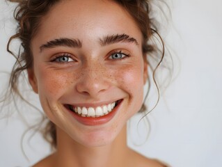 Happy confident young woman with natural skin healthy on white background