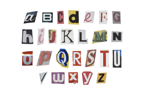 Set of cut-out English alphabet from magazines on a transparent background, retro y2k style