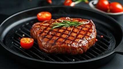 Canvas Print - A steak is cooking on a grill in the pan, AI