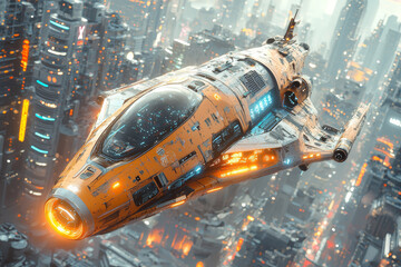 Poster - a futuristic spacecraft with neon lights and an intricate design, hovering over a bustling cityscape