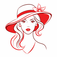 Wall Mural - Simple line art logo of a woman wearing a hat, on a white background, vector illustration. Beautiful Woman in Hat Vector.