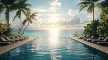 Wall Mural - Luxurious infinity pool overlooking a tropical ocean, with sun loungers and palm trees lining the deck. 4K hyperrealistic photo.