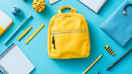 A yellow backpack sits among various school supplies on a clean blue desk, including a notebook, headgear, and other academic essentials, emphasizing student preparedness.