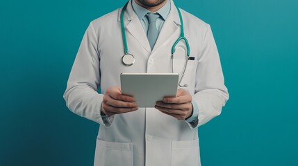 Photo of confident qualified specialist pediatrician arm hold tablets look empty