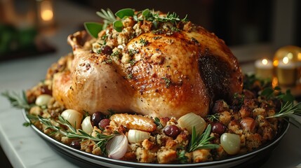 Wall Mural - Stuffing a Christmas turkey with a savory bread stuffing, with herbs, onions, and holiday spices ready for roasting. 4K hyperrealistic photo.