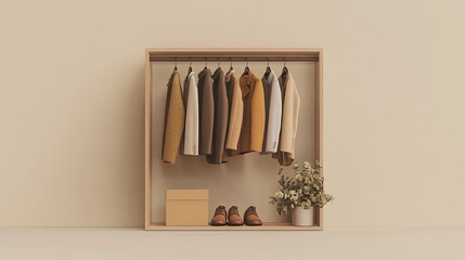 Clothes hanging on a rail, shoes and package on beige background