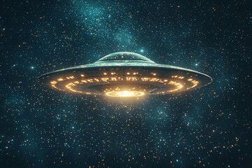 Poster - A classic, saucer-shaped UFO with bright white lights, darting quickly across a night sky filled with stars. Concept of traditional UFO sightings and stellar backdrops.