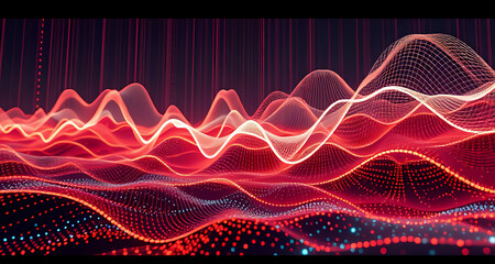 Abstract digital wave pattern featuring a red to dark blue gradient with white grid lines, creating a 3D effect on black.